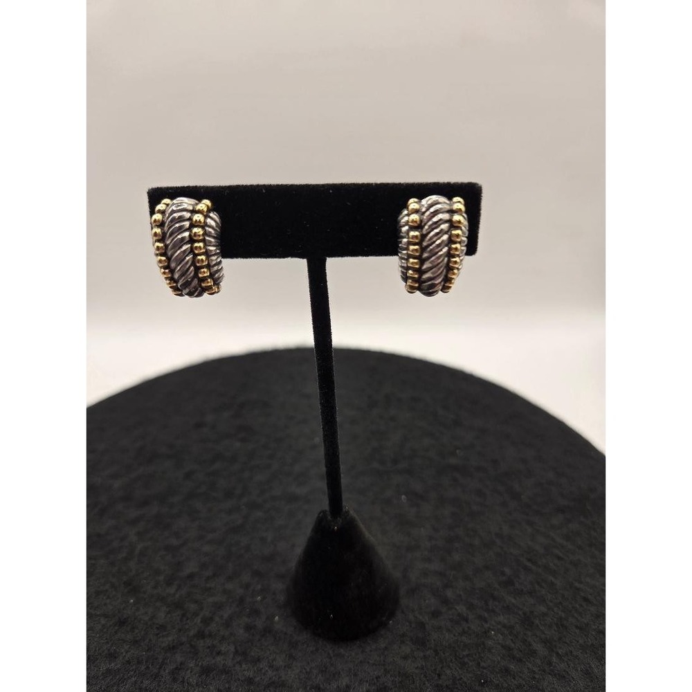 Vintage SJC Signed Two-Tone Renaissance Revival Cable Hoop Clip-On Earrings